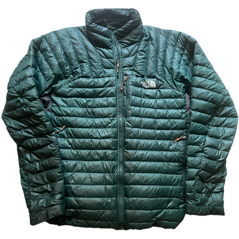 Men’s large North Face hunter green light weight puffer with orange accent pulls